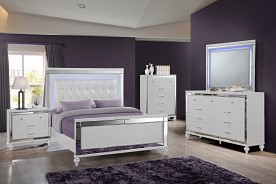 New Classic Furniture Valentino White LED Queen Poster Bed, Dresser, Mirror, Chest & Nightstand